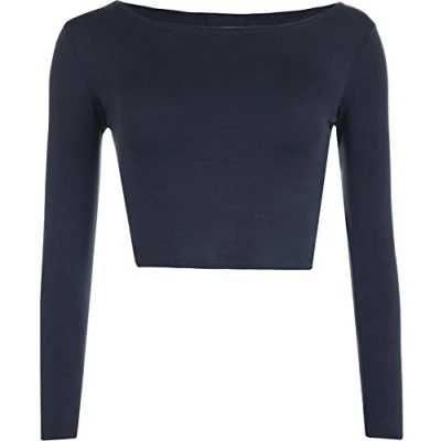 Image of Womens Crop Long Sleeve T Shirt Ladies Short Plain Round Neck Top Navy Blue 12/14