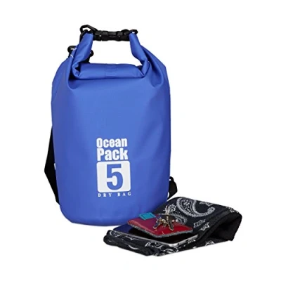 Image of Relaxdays Dry Bag, 5L, Waterproof Ocean Backpack, Ultralight Gear for Kayaks, Boating, Skiing, Sailing; Blue