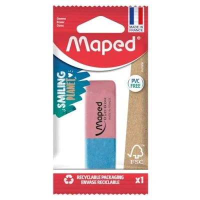 Image of Maped Duo Gom Medium Eraser Natural Rubber without PVC Pink and Blue FSC Certified Paper Packaging 100% Recyclable