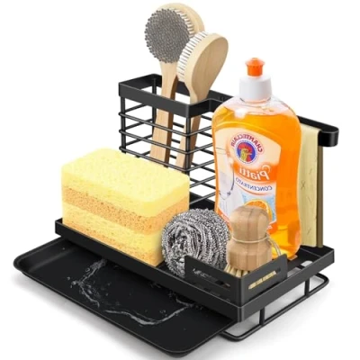 Image of Sink Caddy, Kitchen Organiser with Dish Cloth Hanger And Drip Tray for Accessories, Brush Soap Drainer Rack Dishrag Dishcloth Holder Sponge Drain Counter (A)