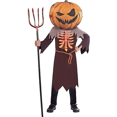 Image of amscan 9907141 Unisex Kids Halloween Big Head Scary Pumpkin Jumpsuit Childs Fancy Dress Costume Age: 10 12 Years