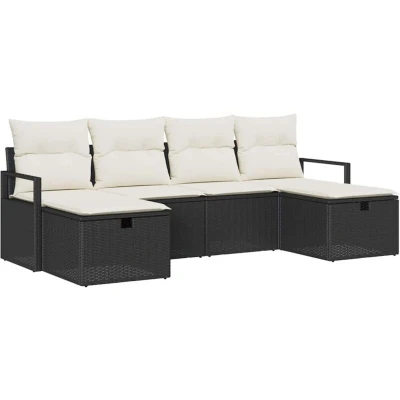 Image of vidaXL 6 Piece Garden Sofa Set with Cushions Black Poly Rattan