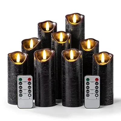 Image of Hausware Set of 9 Flameless Candles Battery Operated LED Real Wax Flickering Electric with Remote Control Timer for Wedding Birthday Halloween Christmas Decorations (Black Color)