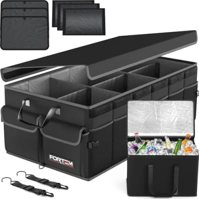 Image of FORTEM Car Boot Organiser, Storage Accessories, Collapsible Multi Compartment Tidy, Non Slip Bottom, Adjustable Securing Straps (Black, w/Cooler)