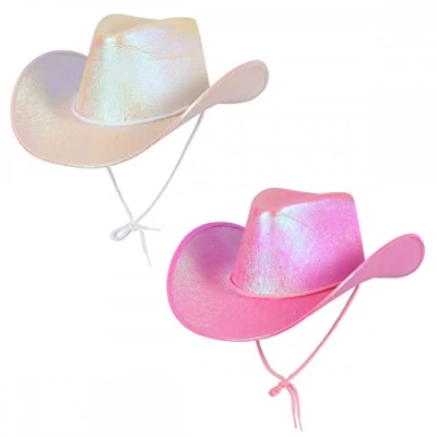 Image of Pack of 2 (1 x White, 1 Pink) Iridescent Texan Cowboy or Cowgirl Hats : Adult Wild West Rodeo Fancy Dress Accessory …