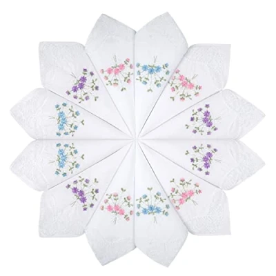 Image of Selected Hanky Women&#039;s Cotton Handkerchiefs Flower Embroidered with Lace, Ladies Hankies 12 Pcs Assorted