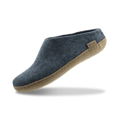 Image of GLERUPS Slip on Slippers Women and Men (Size 5) Blue Unisex Wool with Leather Sole Comfy Cosy Gents Ladies