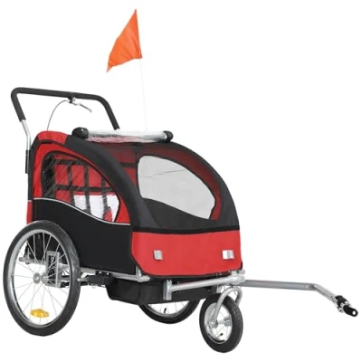 Image of HOMCOM Bike Trailer 2 Seater for Bicycle Baby Child with Removable Canopy Storage Pocket Hitch Coupler Outdoor Steel Frame Red