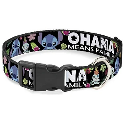 Image of Buckle Down Plastic Clip Collar OHANA MEANS FAMILY/Stitch &amp; Scrump Poses/Tropical Flora Black/White/Multi Color 1&quot; Wide Fits 9 15&quot; Neck Small