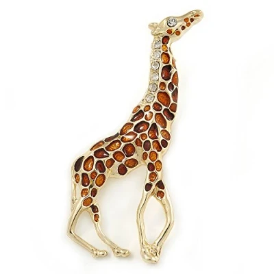 Image of Avalaya Gold Plated Brown Enamel, Clear Crystal Giraffe Brooch 75mm L