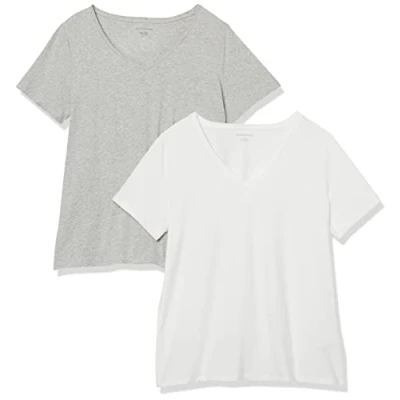 Image of Amazon Essentials Women&#039;s Plus Size Short Sleeve V Neck T Shirt, Pack of 2, White/Light Grey Heather, 4XL