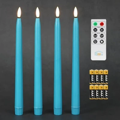Image of Fanna Flameless Taper Candles with Timer, Battery Operated Real Wax Finished, Remote and Batteries Included Set of 4 (Turquoise)