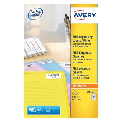 Image of AVERY L7656 25 2100 Mini Adhesive Personalised Labels White. 46 x 11.1 mm. Laser printing