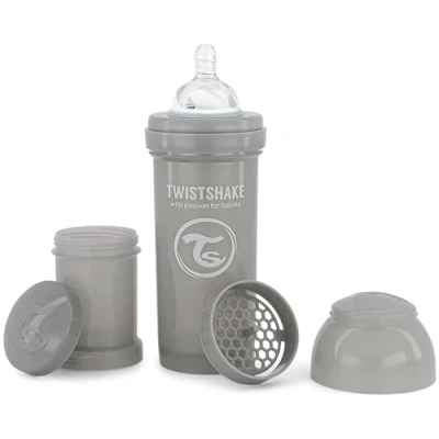 Image of Twistshake Anti Colic Baby Bottle with Milk Powder Container and Mixer 260ml Medium Flow Silicone Breast Like Nipple BPA Free Suitable for Newborn Babies (2+) Grey