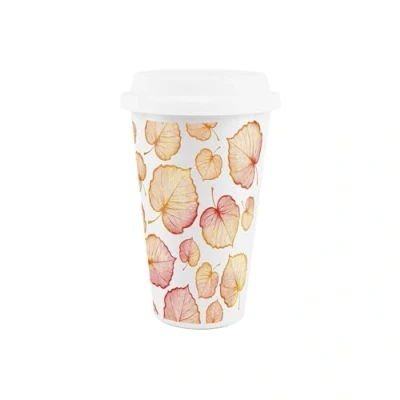 Image of Delicate Autumn Leaves Ceramic Travel Mug Orange/Red Foliage Reusable Silicone Lid Double Walled Insulated Hot/Cold Drinks Tea Coffee Gift