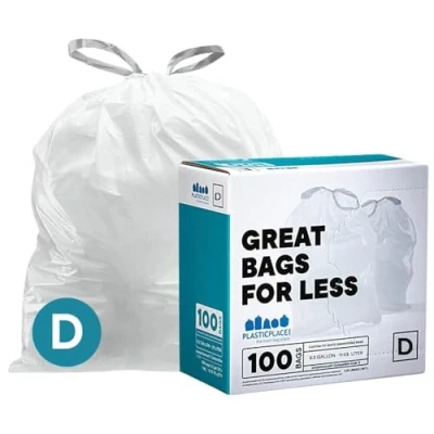 Image of Plasticplace Custom Fit Trash Bags, Compatible with simplehuman Code D White Drawstring Garbage Liners 5.3 Gallon / 20 Liter, 15.75&quot; x 28&quot;, 100 Count (Pack of 1)