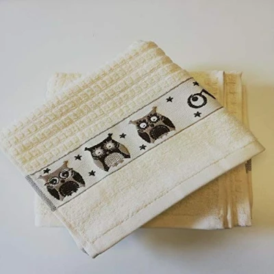 Image of Sue Rossi Ltd 100% Cotton Tea Towels Waffle Embroidered Animal Cooks Cloth Luxury 3 Pack Kitchen Towel Set (Cream Owl)