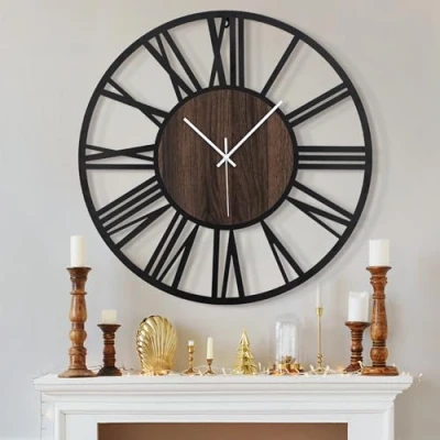 Image of HAITANG Large Wall Clocks for Living Room,20&#039;&#039; Silent,Non Ticking,Battery Operated Big Retro Modern Wood Clock Bedroom,Dinning Room,Farmhouse,Home Decor (50cm,Black Roman Number)