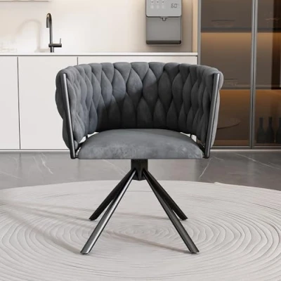 Image of ModernLuxe Dining Chairs 1PC, 360 Swivel Chairs, Light Luxury Kitchen with Curved Backrest and Metal Support Legs, Velvet for Living Room Vanity, Grey