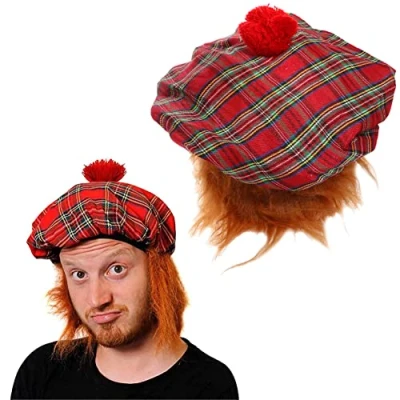 Image of Tam O&#039; Shanter Hat with Wig Scottish Fancy Dress Attached Ginger Hair St Andrews Day Scotland Burns Night Pack Of 1
