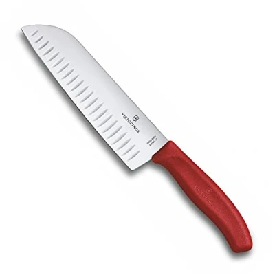Image of Victorinox Swiss Classic Santoku Knife, Extra Sharp Blade, Fluted Edge, 17 cm, Stainless Steel, Red
