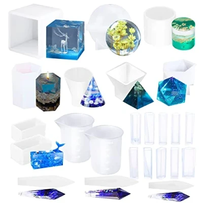Image of Woohome 24 PCS Crystal Resin Moulds Pendulum Moulds, Pyramid Silicone Mould, Sphere Strip Cone Cylinder Casting for Jewelry Making (Style 1)