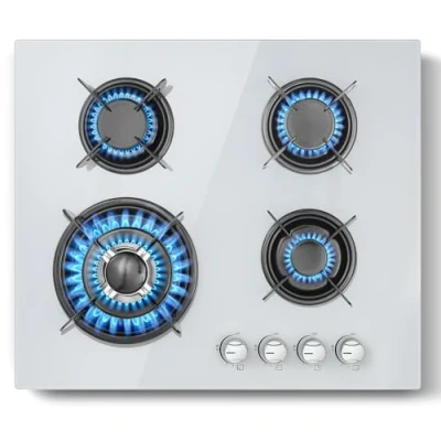 Image of Gas Hob 4 Burners, TopStrong Glass Hobs 60cm, 8060W Built in White with Flame Out Protection, LPG/NG Compatible, Enamelled Pan Supports &amp; Easy Clean Surface