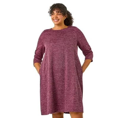 Image of Roman Originals Tunic Dress with Pockets for Women UK Ladies Swing Fit &amp; Flare Skater Slouch Stretchy Casual Smart Winter Jersey Pull On Relaxed Work Office 3/4 Long Sleeves Wine Plus Size 22