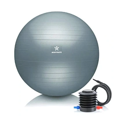 Image of BODYMATE exercise Ball E book with guides included Gym quality Swiss balls for fitness, birthing, pregnancy Air pump Anti Burst 65cm Cool Grey Blue