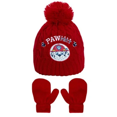 Image of Paw Patrol Boys Knitted Bobble Hat + Mittens Winter Set Red 12 18 Months