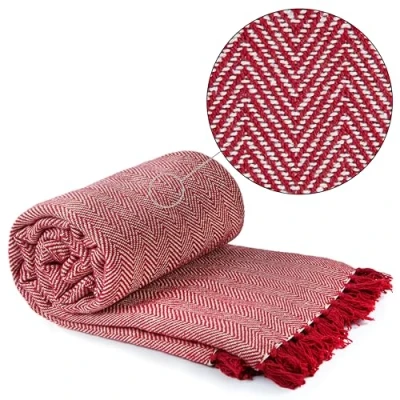 Image of Emma Barclay Herringbone Recycled Cotton Patterned Chair Sofa Setee Bed Throw Over Blanket in Red 50x60 (127x152cm)