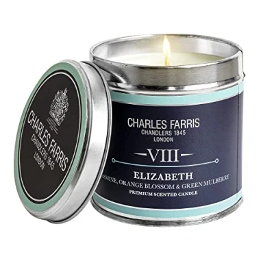 Image of Charles Farris Elizabeth Luxury Scented Signature Tin Candle Orange Blossom, Jasmine &amp; Mulberry Hand Poured in England 40 Hours+ Burn Time