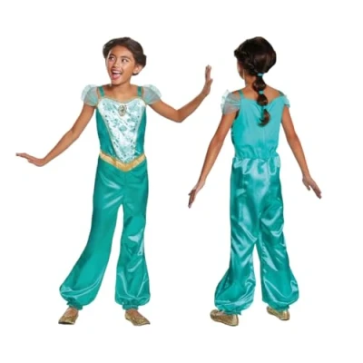 Image of Disney Official Classic Princess Jasmine Costume Kids, Aladdin Dress Up for Girls Fancy Outfit, Arabian Costume, M