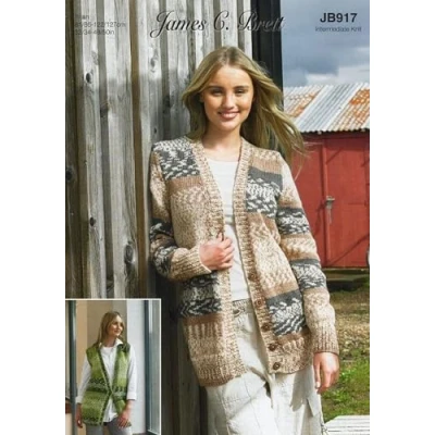 Image of James Brett Aran Knitting Pattern Ladies Fairisle Cardigan &amp; Waistcoat (JB917)