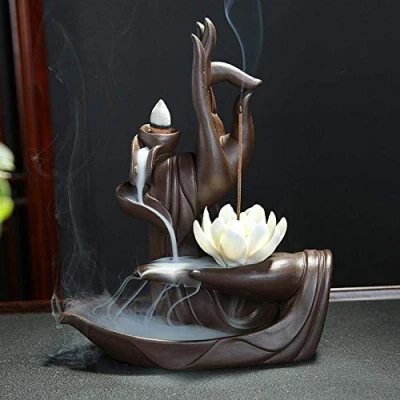 Image of Handmade Backflow Incense Burner Lotus/Monk Holder Cone Sticks with 20pcs Cones Home Decor (Lotus)