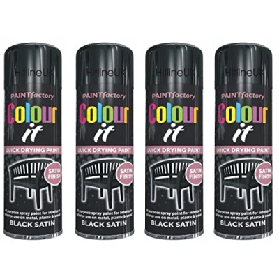 Image of HitlineUK 4 x SATIN BLACK PAINT AEROSOL COLOUR IT SPRAY CAN QUICK DRYING DIY PLASTIC METAL WOOD 250ML