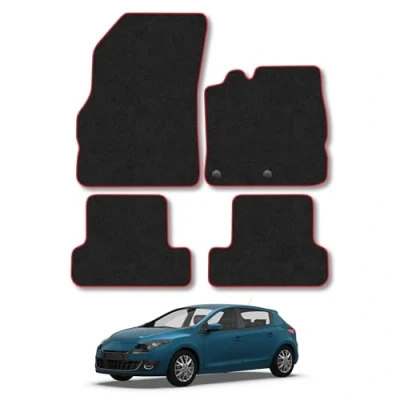 Image of Car Mats Compatible with Renault Megane (2008 2016) Tailored Fit Red Trimmed Carpet Floor Mat Set Accessory Black Custom Fitted 4 Pieces Clips Anti Slip Backing &amp; Trim Edging