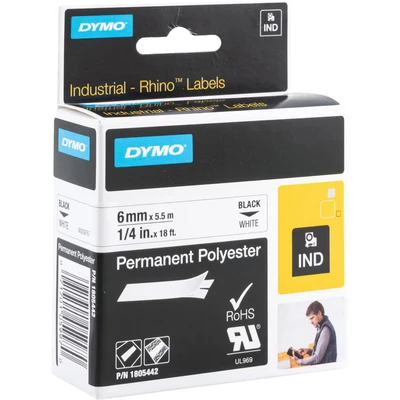 Image of DYMO Rhino Industrial Permanent Polyester Labels, 6 mm x 5.5 m, Black Print on White, Self Adhesive, for &amp; LabelManager Label Makers