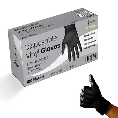 Image of 100 x Black Premium Disposable Gloves Double Thickness Vinyl Latex Free Powder (Large, 1 Pack of 100)
