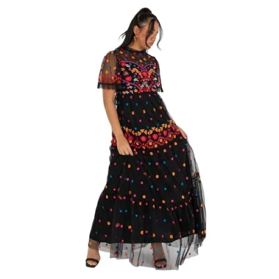Image of Maya Deluxe Women&#039;s Ladies Maxi Dress Short Sleeve High Neck Embroidered Ruffle Frilly Tulle A line for Occasion Evening Ball Gown, Black, 22