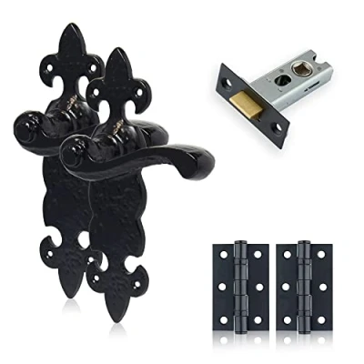 Image of XFORT Smithy&#039;s Range Fleur De LYS Lever Latch Pack Black Antique, Complete Set with Door Handles, 65mm Tubular and 75mm Hinges, Rustic Handles for Internal Wooden Doors.