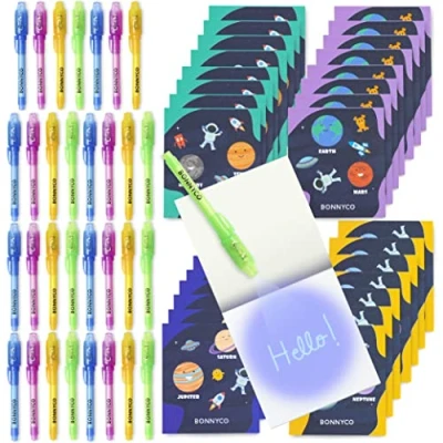 Image of BONNYCO Invisible Ink Pen and Notebook, Pack 32 Space Party Bags Fillers, Pinata Toys Birthday Decorations Stocking Fillers for Kids School Prizes, Gifts Children