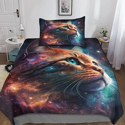 Image of GEEYOU Cat Duvet Cover with Pillowcases Set 3D Bedding Sets Microfibre Animal Quilt Zipper Closure 3 Piece Comforter for Kids Teens Adults Single（135x200cm）
