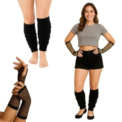 Image of FNA Fashions Womens Neon Long Fishnet Gloves and Leg Warmers Ladies Fancy Hen Night 80’s Party Novelty Dress (Long Gloves+Leg Warmer, Black)