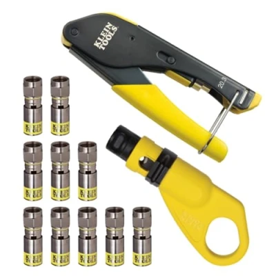 Image of Klein Tools 80151 Coax Cable Compression Crimper and Stripper Set with 10 Pack of RG6/6Q F Connectors for Fast Reliable Installation, 3 Piece