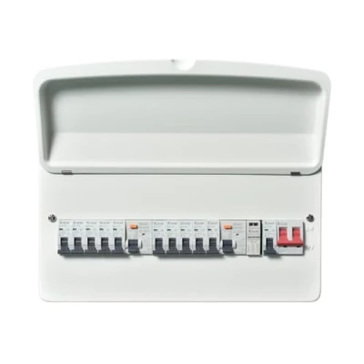 Image of Excel 18 Way Metal Clad Consumer Unit Populated Split Load c/w 100A Main Switch + 2x63A Type A RCD SPD (3x6A,2x16A,4x32A,1x40A MCB’s) E1810TR AS