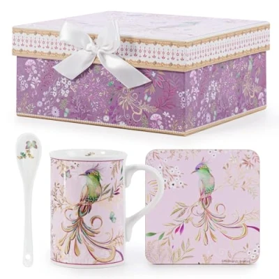 Image of EHC Porcelain Phoenix Design Tea/Coffee Mug with Spoon &amp; Coaster Set, Microwave Safe, Oven Dishwasher Gift Boxed, 320ml Ideal for Tea, Coffee, Latte, Hot Chocolate, Gifts and More