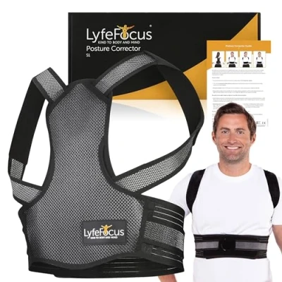 Image of LyfeFocus S1 Premium Breathable Back Posture Corrector for Men &amp; Women Upper Support, Brace Straightener Effective Correction Neck, Shoulder Pain (Black Medium)