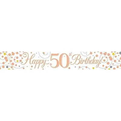 Image of 9ft Banner Sparkling Fizz 50th Birthday White &amp; Rose Gold Holographic
