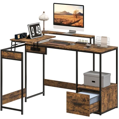 Image of HOMCOM L Shaped Desk, Computer Desk with Liftable Desktop, Industrial Corner Drawer for A4/Letter Size, Home Office Monitor Stand Office, Rustic Brown